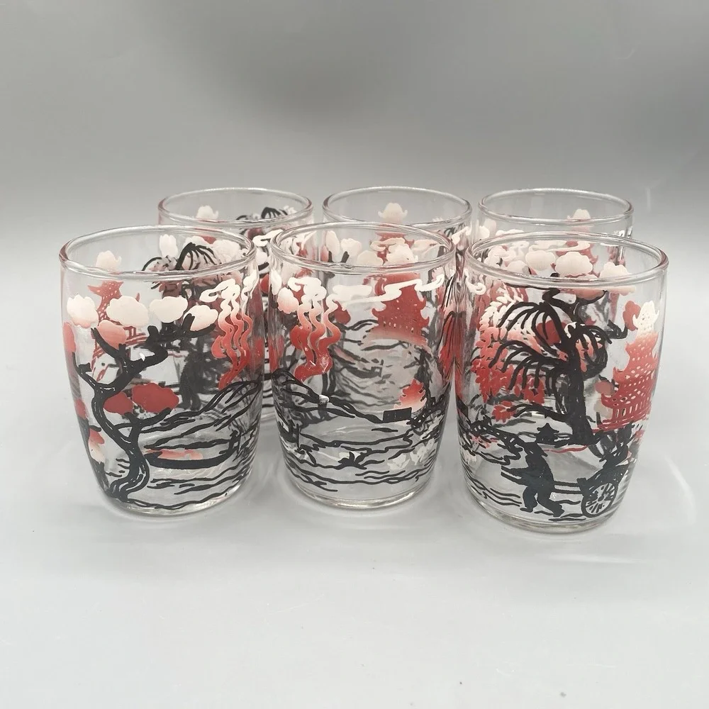 Vintage Pagoda Juice Glasses Set of 6 Red Pink  Trees Rickshaw Mid Century Asian